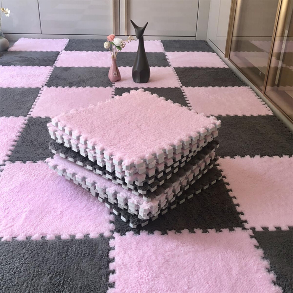 Plush Foam Puzzle Area Rug 10Pcs, 30x30x1cm Interlocking Mats, Grey Pink Cuttable Floor Mat For Bedroom And Playroom
