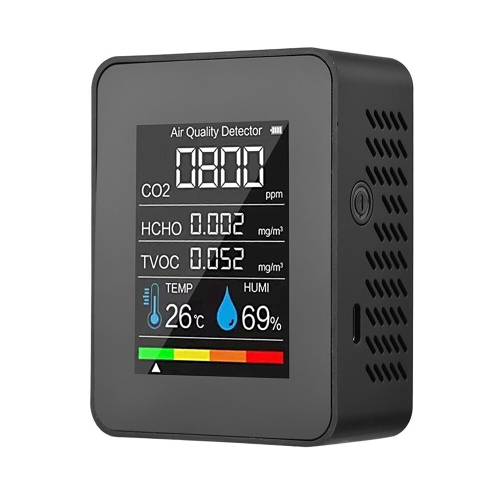 Air Quality Monitor 5 In 1 Indoor CO2 Detector HCHO TVOC Tester LCD Temperature Humidity Tester Alarm Black