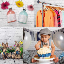 Vinyl Photo Backdrop 1.6x2.3yd with White Brick Wall & Wooden Floor