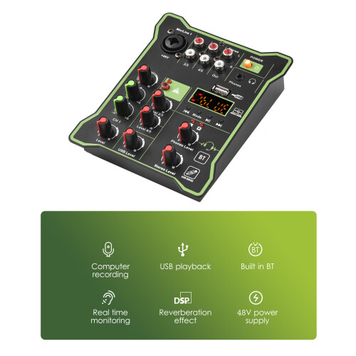5-Channel Compact Mixer USB Audio Interface 48V Phantom Power BT 2