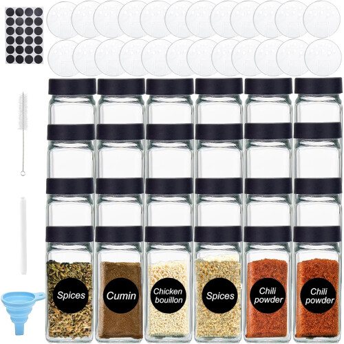 24 Pack 120ml Glass Spice Jars with Black Lids, Labels and Funnel on OnBuy
