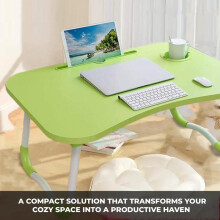 (Green) Folding Laptop Bed Tray Table with Cup Slot - Portable and Foldable - Perfect for Breakfast in Bed or Working from Home - 60x40x28cm