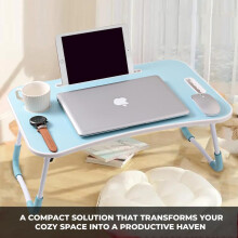 (Blue) Folding Laptop Bed Tray Table with Cup Slot - Portable and Foldable - Perfect for Breakfast in Bed or Working from Home - 60x40x28cm