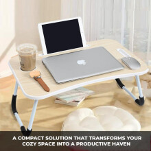 (White) Folding Laptop Bed Tray Table with Cup Slot - Portable and Foldable - Perfect for Breakfast in Bed or Working from Home - 60x40x28cm