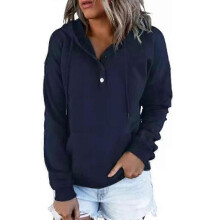 (3XL, Navy Blue) Womens Casual Drawstring Hoodie with Button Closure and Long Sleeves