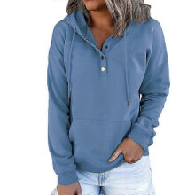 (3XL, Blue) Womens Casual Drawstring Hoodie with Button Closure and Long Sleeves