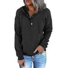 (L, Black) Womens Casual Drawstring Hoodie with Button Closure and Long Sleeves