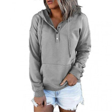 (L, Gray) Womens Casual Drawstring Hoodie with Button Closure and Long Sleeves