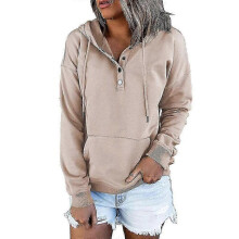 (S, Beige) Womens Casual Drawstring Hoodie with Button Closure and Long Sleeves