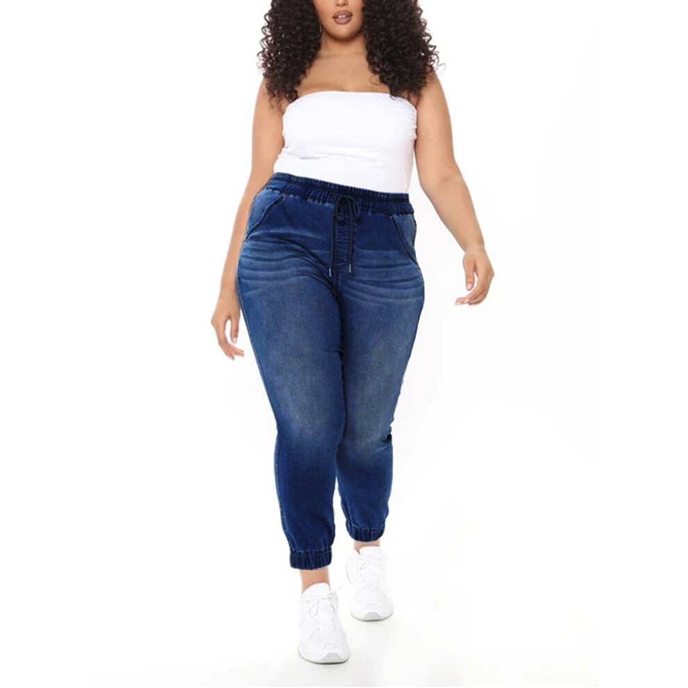 Dark Blue Slim Fit Elastic Pants Women 2XL, Cotton Blend-image-OPC-PMDTJV9-NEW