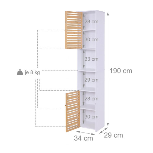 Dulap de baie înalt, 190 cm, alb, uși din bambus 2