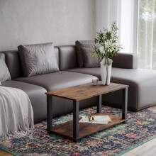 (brown+black) 2 Tier Coffee Table Side Table With Shelf TV Stand Minimalist Style 83cm Center Table Living Room