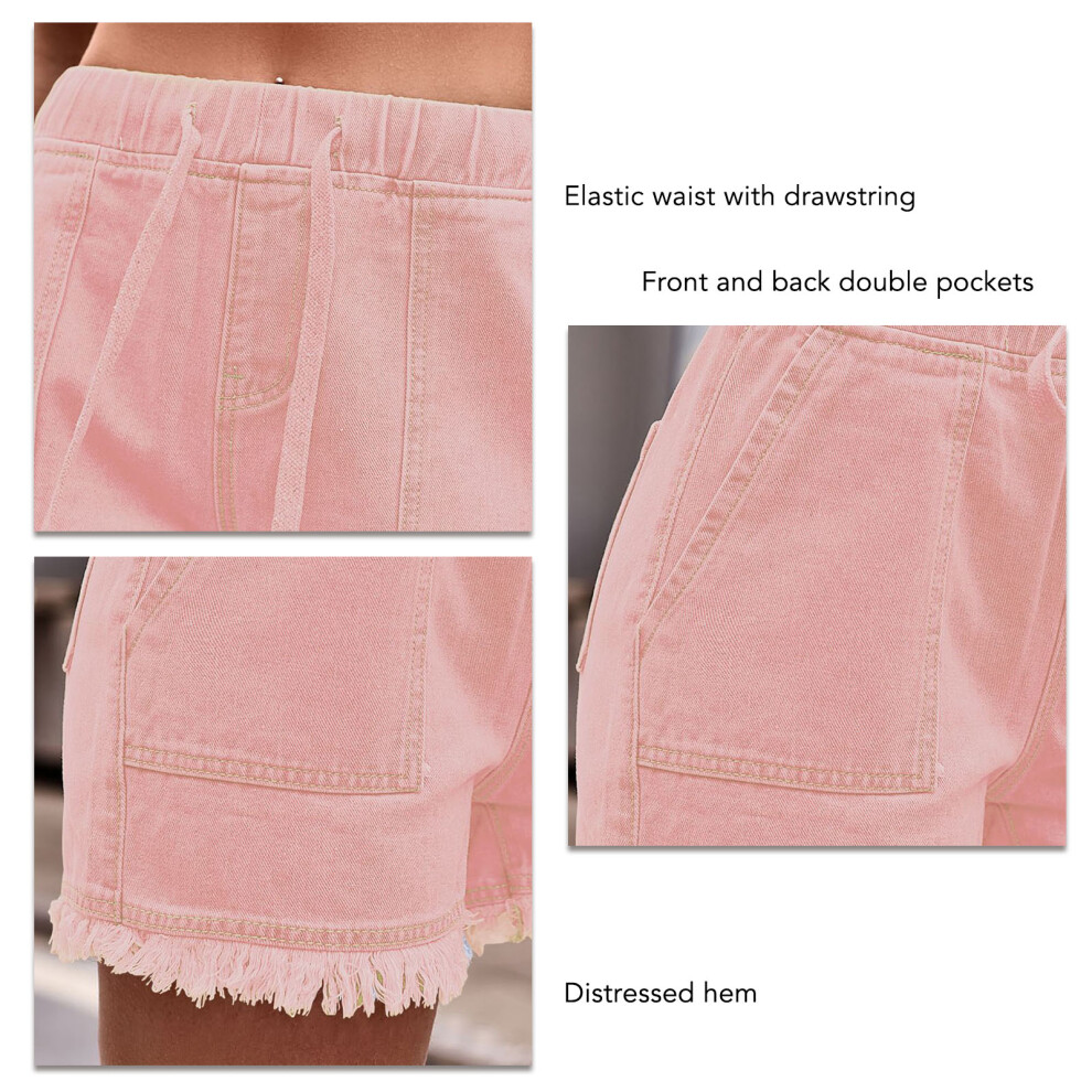Pink High Waist Drawstring Denim Shorts Women Distressed Hem Casual L-image-OPC-PMDTXBG-NEW