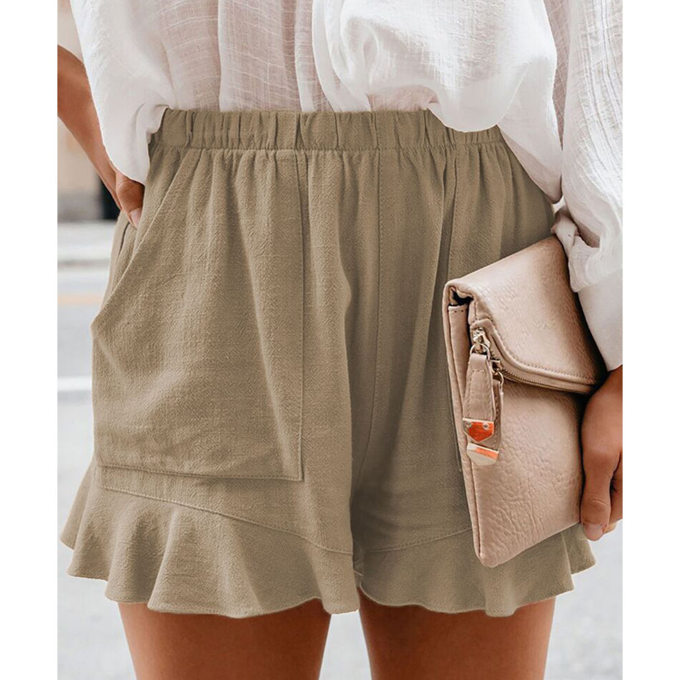 Women's High Waisted Pleated Shorts, Elastic, Solid Khaki S-3XL-image-OPC-PMDTZ9M-NEW