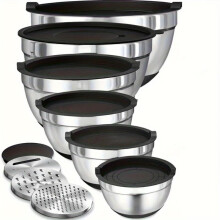 (9 Counts/set, Silver) Stainless Steel Mixing Bowl Set with Airtight Lid, 9 Counts/set Including 6 Counts Bowls & 3 Counts Grater Attachments