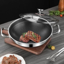 (32CM With lid, one-size) Stainless Steel 32CM Honeycomb Wok Non Stick Frying Pan Induction Cooker Gas Stove Kitchen Cookware Premium Quality
