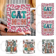 (M1) Tyuhe 400ML Cat Mom Dog Mom Christmas Mug 3D Flat Design Art Prints Large Handle Vibrant Color Thick Coffee Mug 25-26s