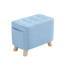 Footstool 15.74 Inch Linen Fabric Pouf Ottoman With Padded Seat, Rectangular Modern Stool, Pine Wood Legs, Sky Blue