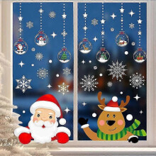 (Green Deer Old Man) christmas window clings snowflake decorations for glass holiday party decals 4 sheets