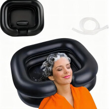 (Black, one-size) Double Layer Inflatable Hair Wash Basin, 2 Counts Durable Portable Washing Hair Pillow with 40in Drainage Pipe, Soft Shampoo Bowl