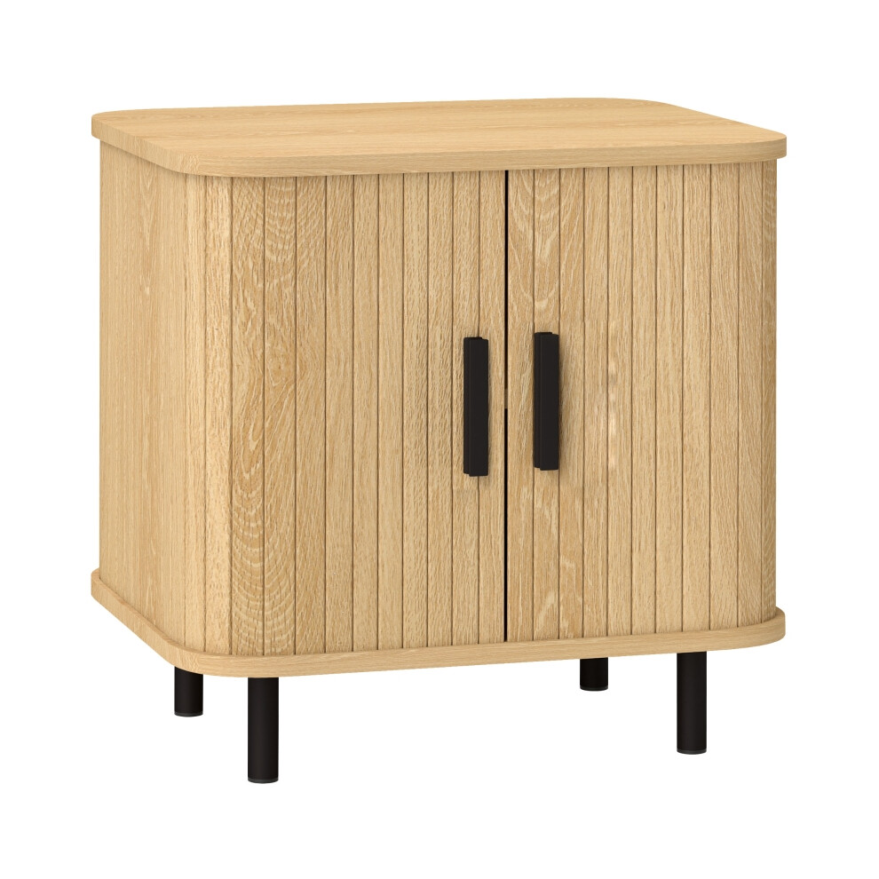 Nightstand Oak Tone with Roller Shutter Sliding Doors Nordic Side Table with Metal Legs for Bedroom & Living Room-image-OPC-PMDW6RT-NEW