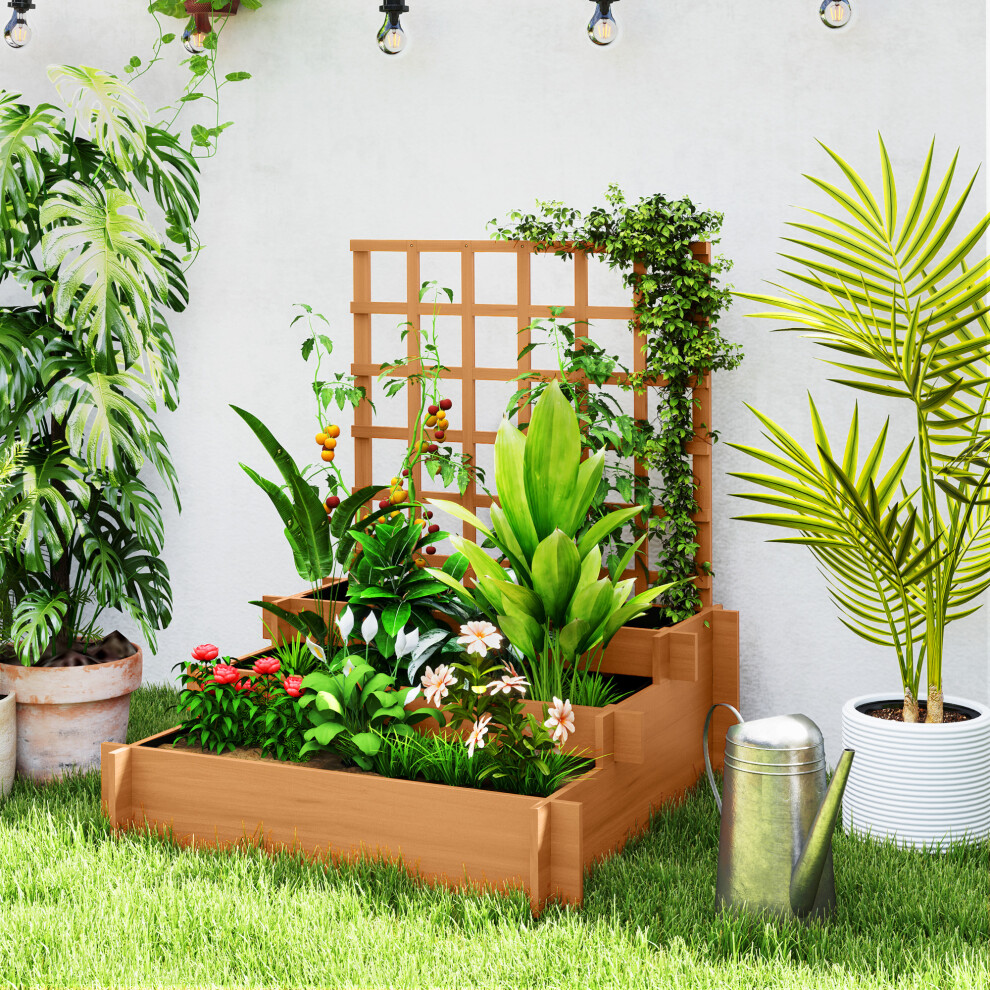 Outsunny 3 Tier Wooden Garden Planters With Trellis For Vine Climbing Plants