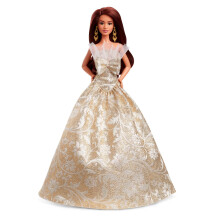 Barbie Signature 2025 Poupe mannequin de vacances aux cheveux brun fonc portant une robe argente et dore, collectionneur saisonnier dans un e