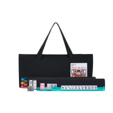 HNDTEK Set Mahjong Americano - Borsa Morbida Nera - 166 Piastrelle Bianche Incise 4 Rack/Spingitori All-in-One Set da Gioco Western Mah Jongg