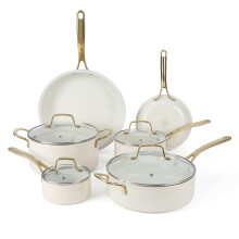 Martha Stewart Lockton Premium Nonstick PFA Free Ceramic Interior 10 Piece Heavy Gauge Enamel Aluminum Pots and Pans Cookware Set - Linen White w/Gol