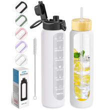Nefeeko 32 oz glasvandflasker med suger?r Motiverende glasvandflaske med tidsmark?r 1 liter BPA-FRI L?kagesikker genanvendelig glasvandflaske med