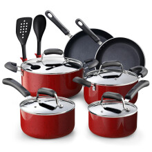 Cook N Home Pots and Pans Nonstick Cookware Set 12-Piece Kitchen Cooking Set with Frying Pans and Saucepans Induction Compatible Marble Red