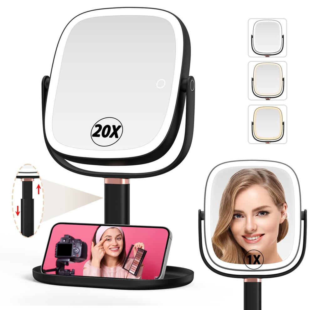 Mocado Makeup Mirror With Lights 1X/20X Magnifying Mirror With Light Vanity Mirror With 3 Colors Lights Height Adjustable Lighted Makeup Mirror D