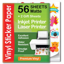 Premium bedrukbaar vinyl stickerpapier voor inkjet- en laserprinter - 56 vellen zelfklevende vellen matwit waterdicht droogt snel levendige kleur
