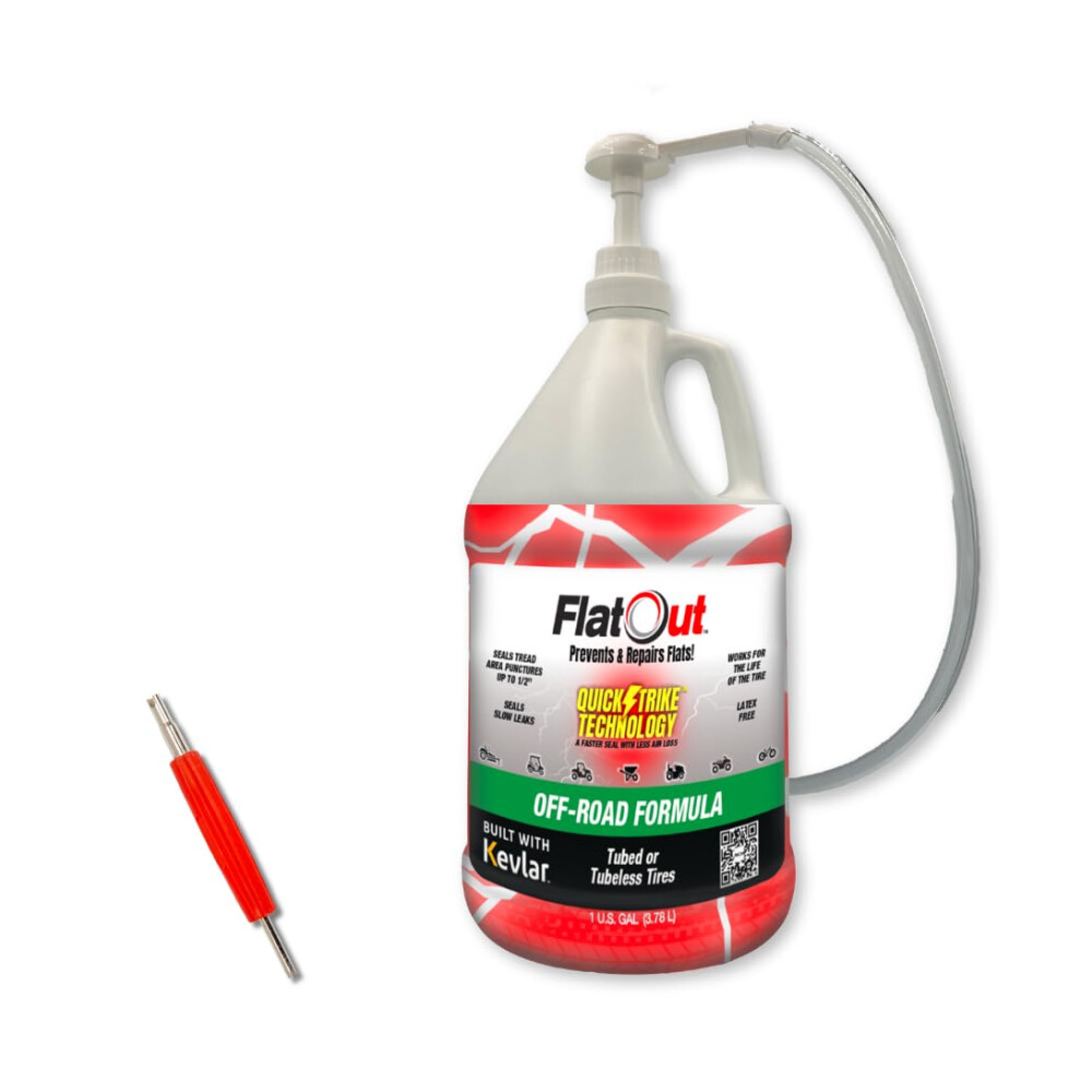 Flatout Quickstrike Tire Sealant - Off-Road Formula - Prevents Flat Tires - Seals Leaks - Contains Kevlar - Tubeless Tire Sealant - 1 Gallon + Tool