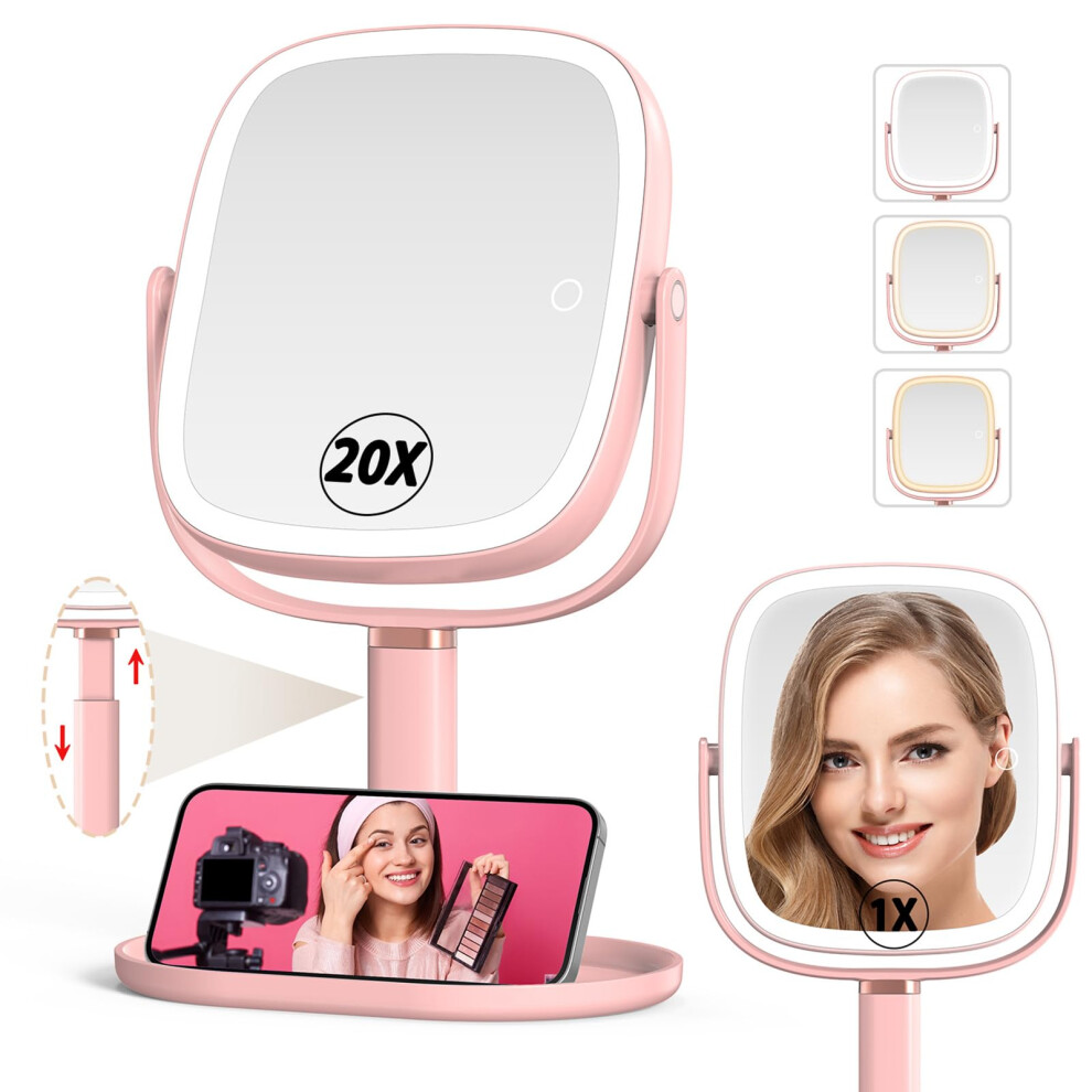 Mocado Makeup Mirror With Lights 1X/20X Magnifying Mirror With Light Vanity Mirror With 3 Colors Lights Height Adjustable Lighted Makeup Mirror D