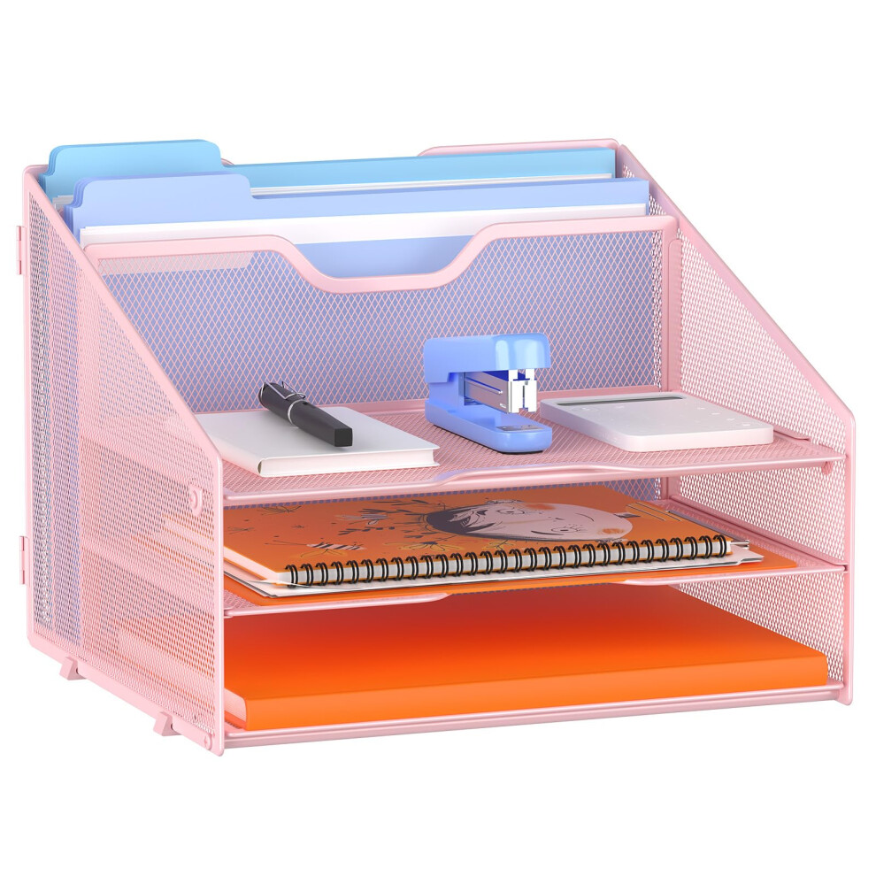 GAWERK Letter Tray Organizer Mesh Desk File Organizer with 3 Paper Trays and 2 Vertical Upright Section Blank-image-OPC-PMDXFCR-NEW