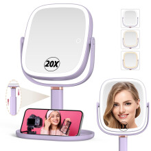 Mocado Makeup Spejl med Lys 1X/20X Forst?rrelsesspejl med Lys Makeup Spejl med 3 Farver Lys H?jdejusterbart Oplyst Makeup Spejl Dobbeltsidet 360