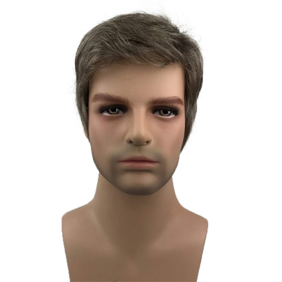 Aimole Unisex Brown Mens Wigs Short Straight Hair Mix Sliver Natural Synthetic Full Wig