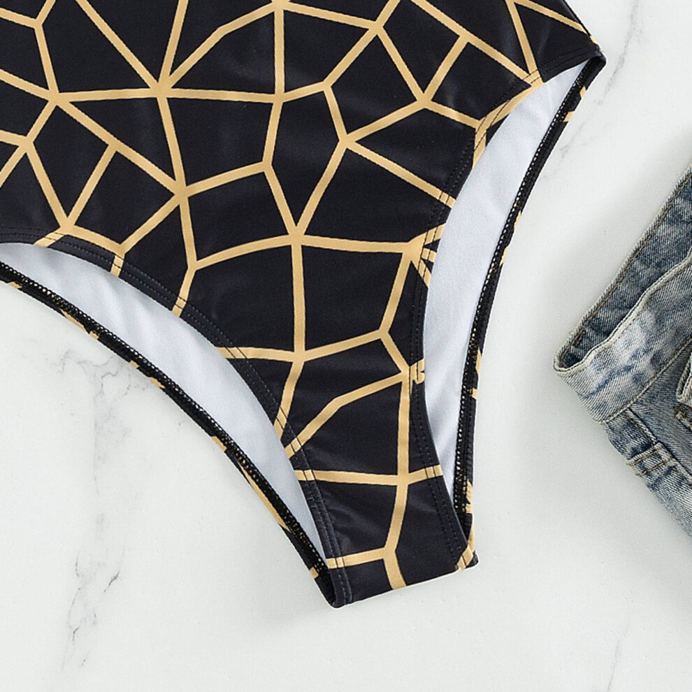 Beige Halter One Piece Swimsuit with Geometric Print, M-image-OPC-PMDXFTH-NEW