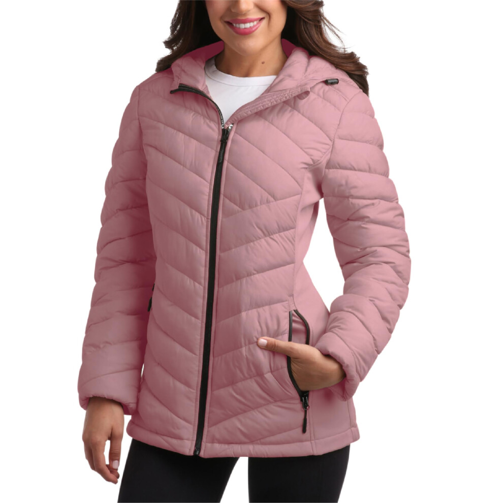 Reebok Womens Jacket - Lightweight Softshell Quilted Jackets For Women Zip Up Hooded Winter Coat Outerwear With Pockets Size Medium Rose Pink