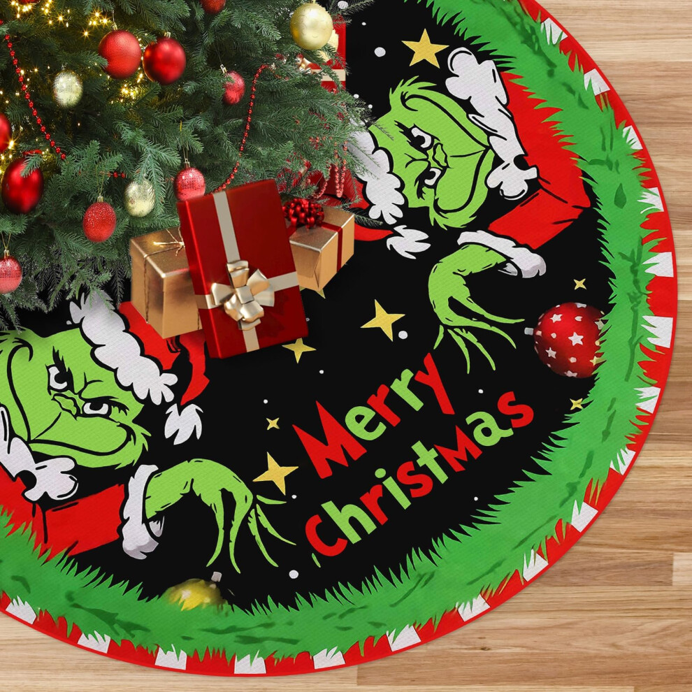 Large Merry Christmas Tree Skirt - 48 Inches Merry Christmas Tree Rug Skirts Cute Red Green Funny Soft Trimmed Tree Collar Mat for Indoor Outdoor Ho-image-OPC-PMDXGCJ-NEW