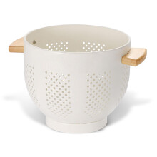 Colador de metal con mango de madera y base estable de acero con recubrimiento en polvo, colador de cocina para escurrir pasta, verduras y frutas