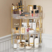 EUHOME Organizer da bancone da bagno ad angolo a 3 livelli per cosmetici, trucco, installazione senza attrezzi, scaffale per trucco in acrilico,