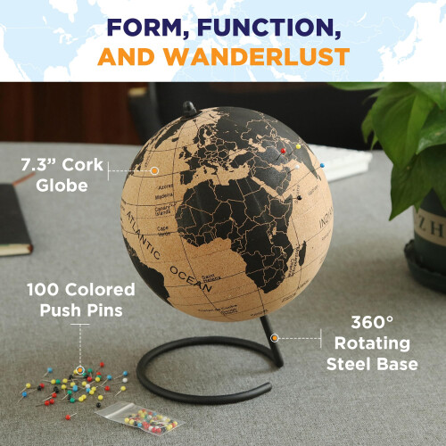 Globo de Cortiça com Alfinetes - Globo de 9.4” com Mapa do Mundo e Base Rotativa 2