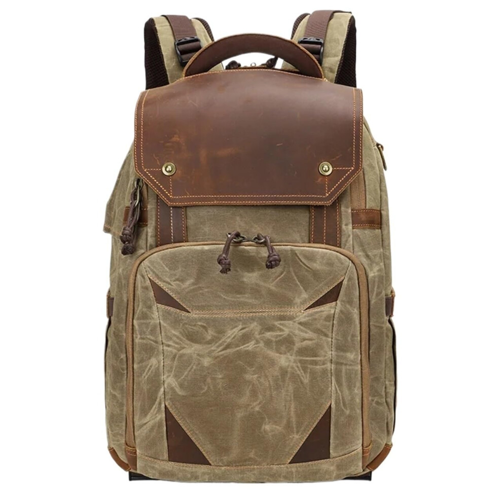 Camera Bag Waterproof Retro Batik Canvas Leather Backpack, Fits 15.4-Inch Laptop, Men's Photography Travel Case, Khaki 9393856589630