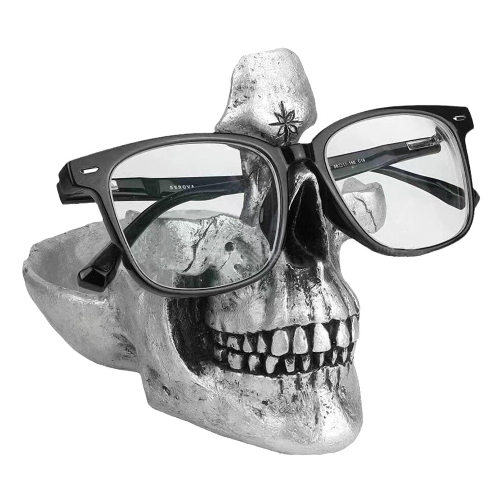 Silver Skull Glasses Holder Stand Resin Skeleton Eyeglasses Rack With Storage Tray Skull Head Statue Nightstand Organizer
