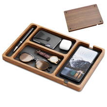 Wooden Valet Tray Leather Inlay, 12x8 Inches Nightstand Organizer, Catch-All Tray For Keys Phone Wallet Watch Earbuds