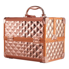 Rose Gold Cosmetic Box 2 Trays with Mirror Professional Makeup Box Storage Organizer