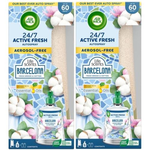 Air Wick 2 x Air Wick Active Fresh 24/7 Automatic Spray Diffuser Unit + Barcelona (Fresh Breeze & Cotton) Refill 204ml