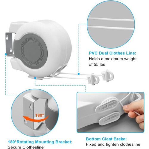 (Default) Wall Mounted Twin Cable Retractable Washing Line - 30m Long Clothes Line - Extendable Laundry Drying String Line Heavy-Duty Plastic & Polyvi 2